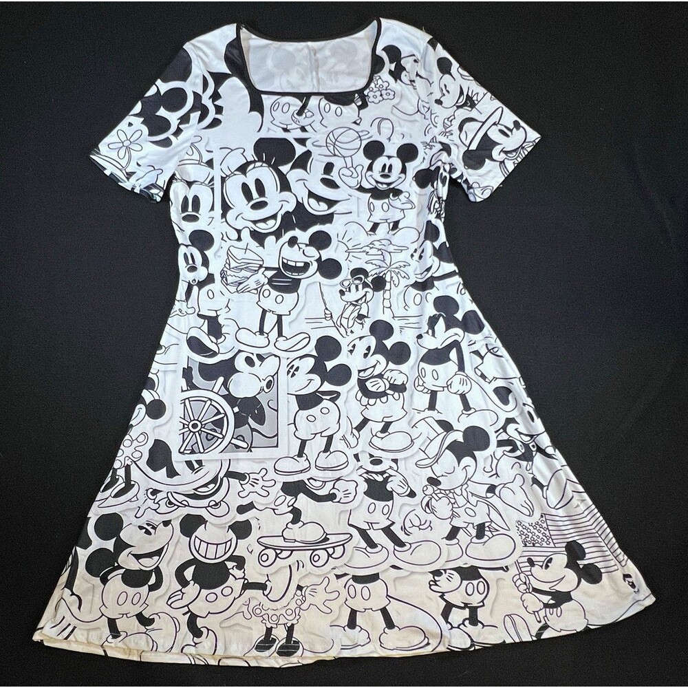 Disney Mickey & Minnie Black White sketch Print Fit & Flare Dress Cap Sleeve XL
